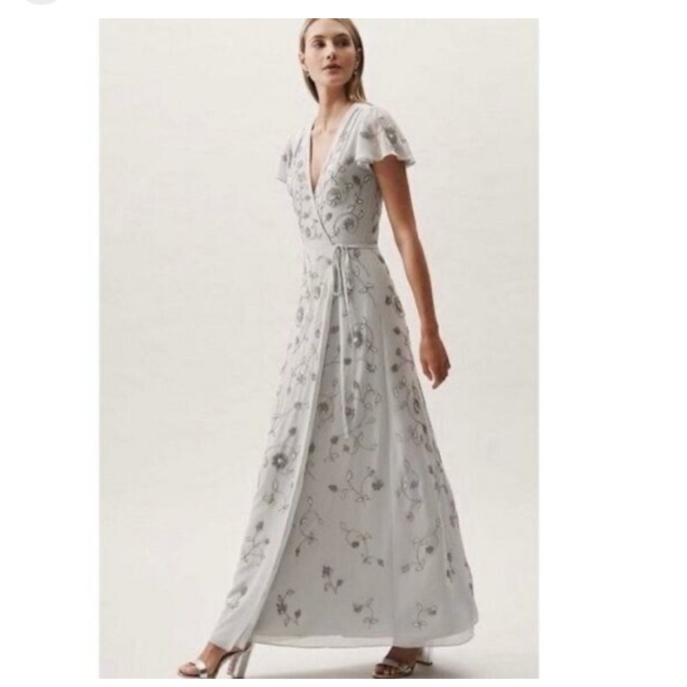 Anthropologie BHLDN Plymouth Sequin Wrap Dress 0 Fog Gray Bridesmaid Gown